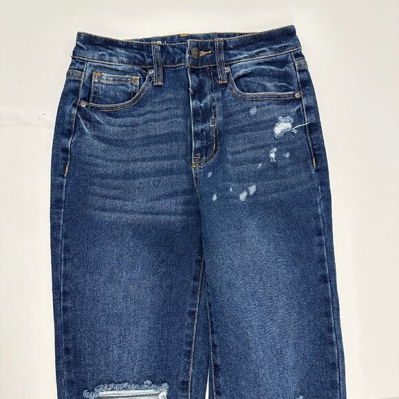 No Boundaries Distressed Straight Leg Women's size 1 Dark Wash Blue Denim Jeans - Picture 2 of 5